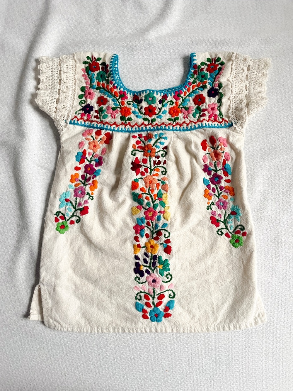 VINTAGE Dress Skirt Mexican Hand Embroidered Folk Art Cotton Top Handmade